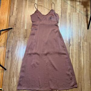 Line + Dot Bronze Ruffled Corset Style Babydoll Satin Midi Slip Dress Size S